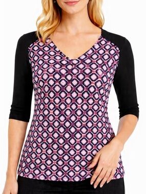 Worthington Pink & Black Geometric V-Neck Raglan Top